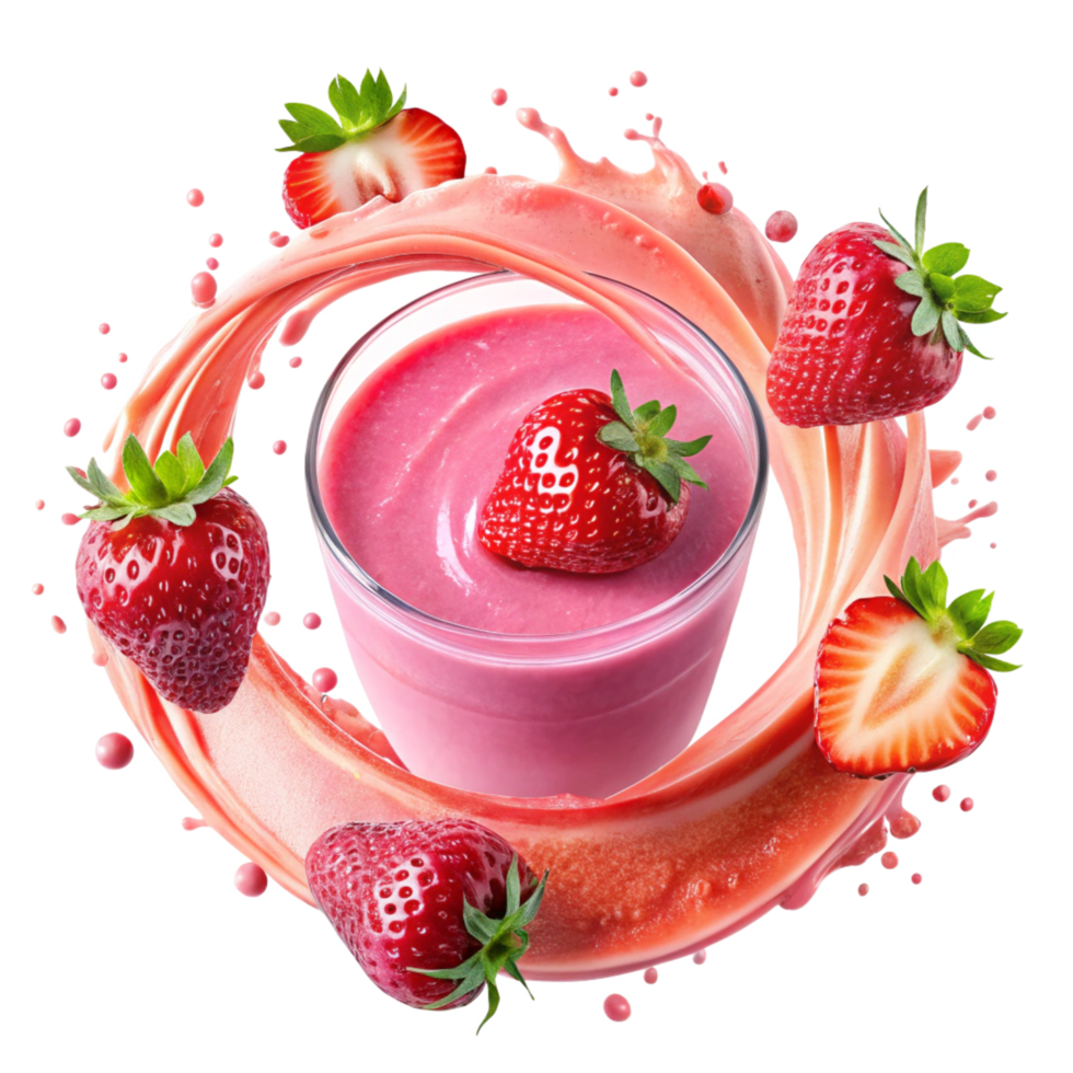 Delicious Strawberry Smoothie in a Glass with Fresh Strawberries and Splashing Pink Liquid png