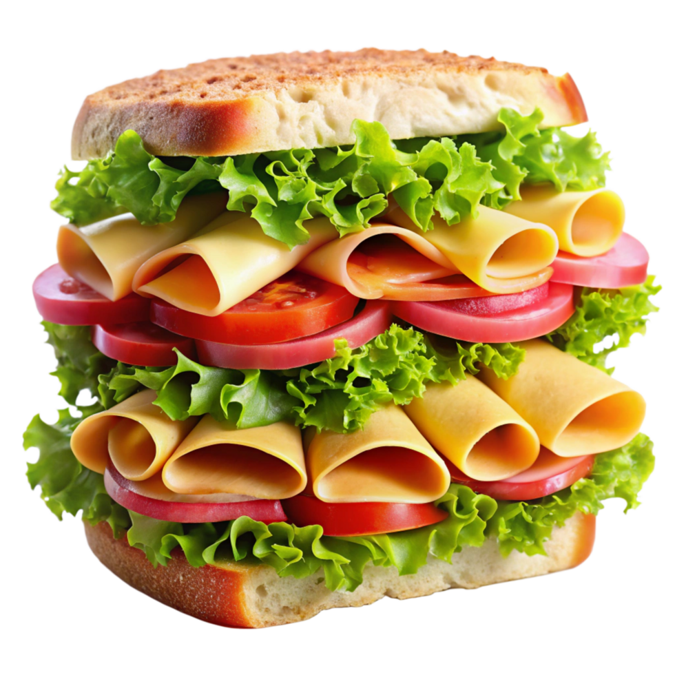A delicious and appetizing layered sandwich with fresh lettuce, tomato, cheese, and ham png