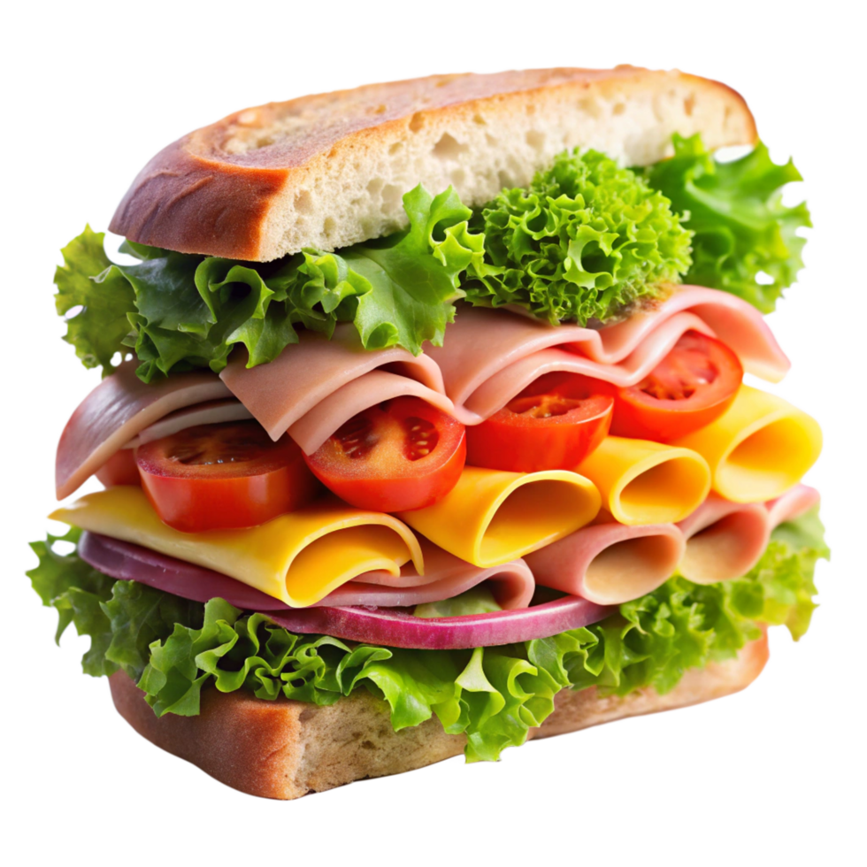 Delicious layered sandwich with ham, cheese, tomato and lettuce png