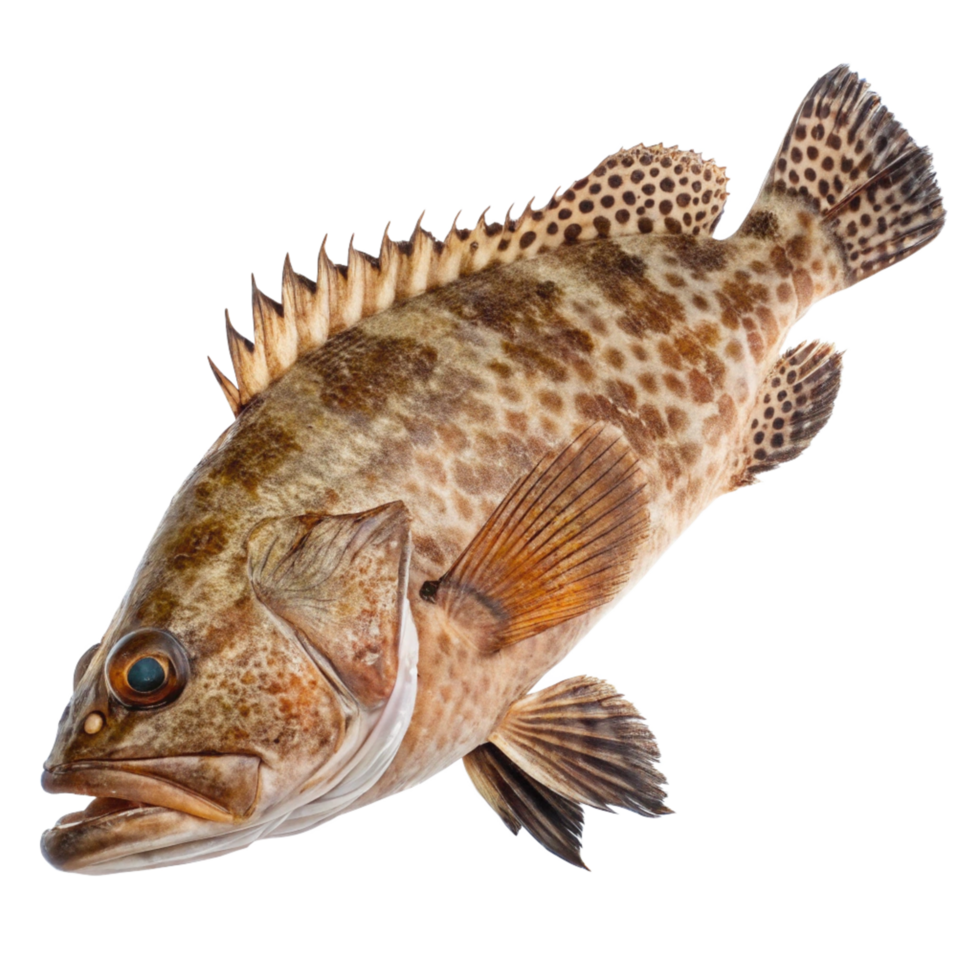 Closeup of a speckled hind fish with prominent dorsal fins and caudal fin png
