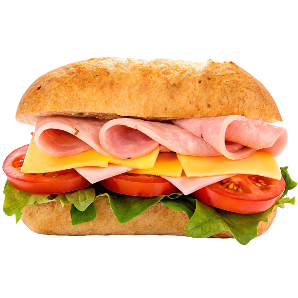 Delicious Ham and Cheese Sub Sandwich on a Crusty Roll with Fresh Tomatoes and Lettuce png