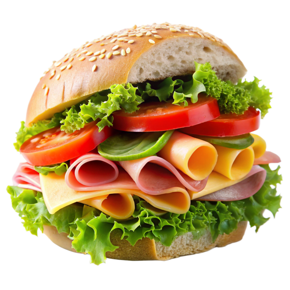 Delicious Sesame Seed Bun Sandwich with Ham Cheese Lettuce and Tomato png