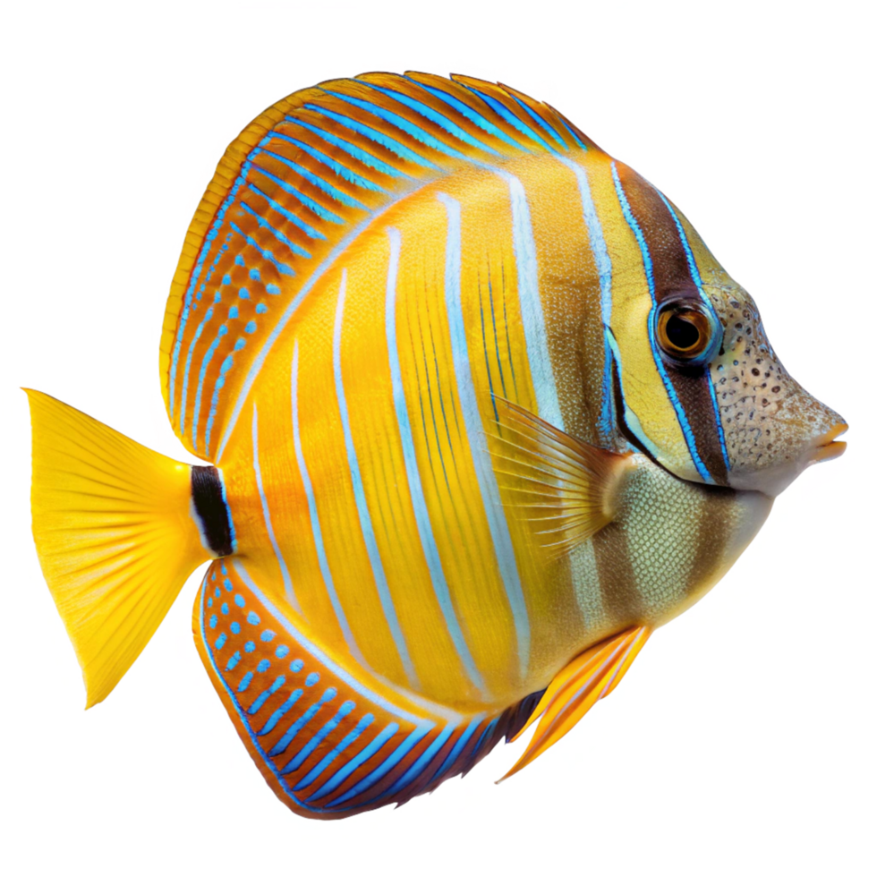 Vibrant Yellow and Blue Fish Detailed Close Up Image with Striking Patterns png