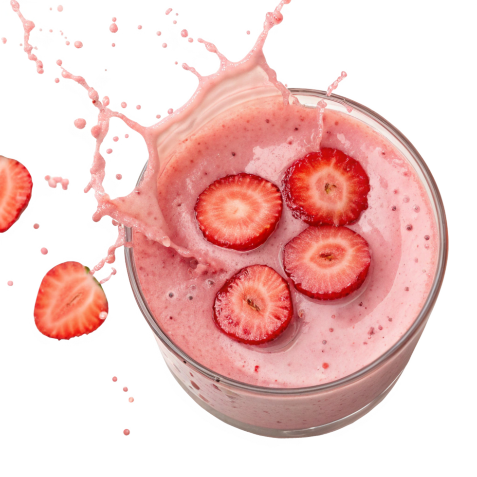 Delicious Strawberry Smoothie Splashing in a Glass Bowl with Fresh Strawberry Slices png