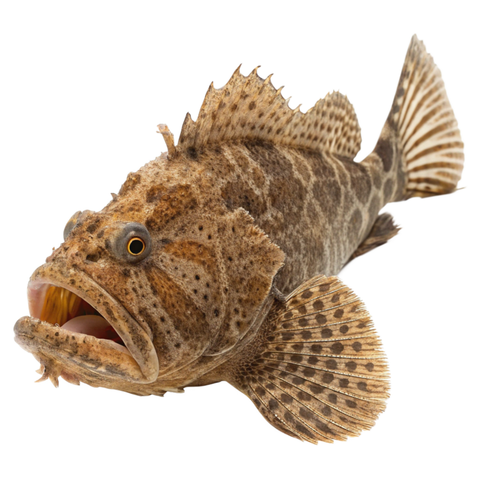 Closeup of a Spotted Estuary Grouper Fish with Open Mouth Showing Teeth png