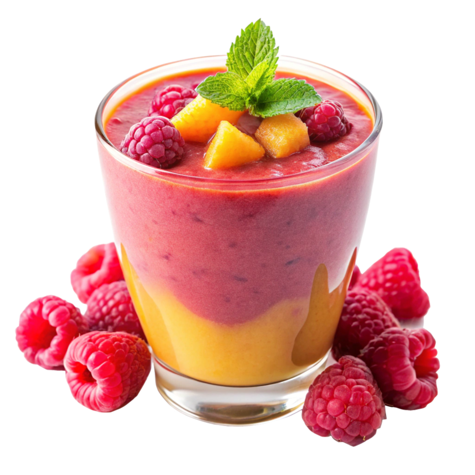Delicious layered mango and raspberry smoothie in a glass with fresh raspberries png
