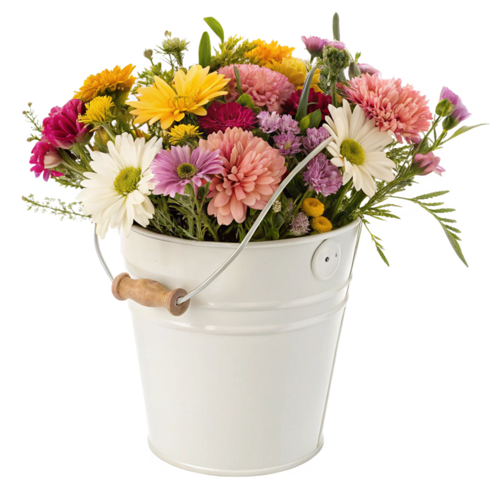 A vibrant and colorful mixed flower bouquet in a white metal bucket png