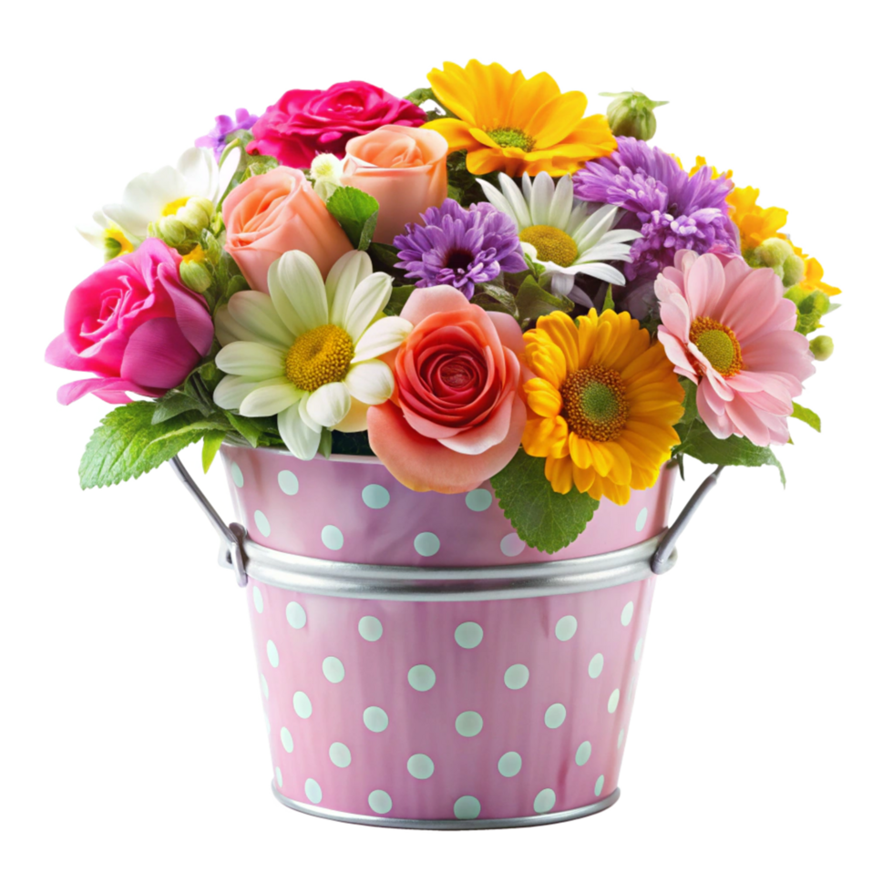 A delightful pink polka dot bucket overflowing with a vibrant mix of colorful flowers png
