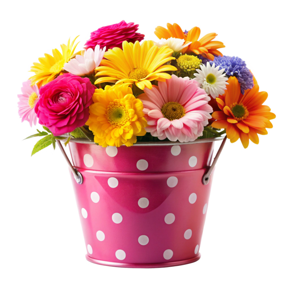 Vibrant Bouquet of Gerbera Daisies Ranunculus and other Flowers in a Pink Polka Dot Bucket png
