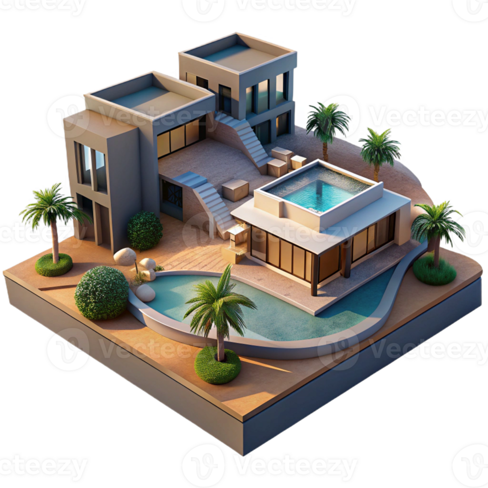 stunning rustic Desert oasis resort, intense desert sunlight, reflecting pools, modern architecture blending with the landscape, luxurious amenities, sense of escape high resolution png