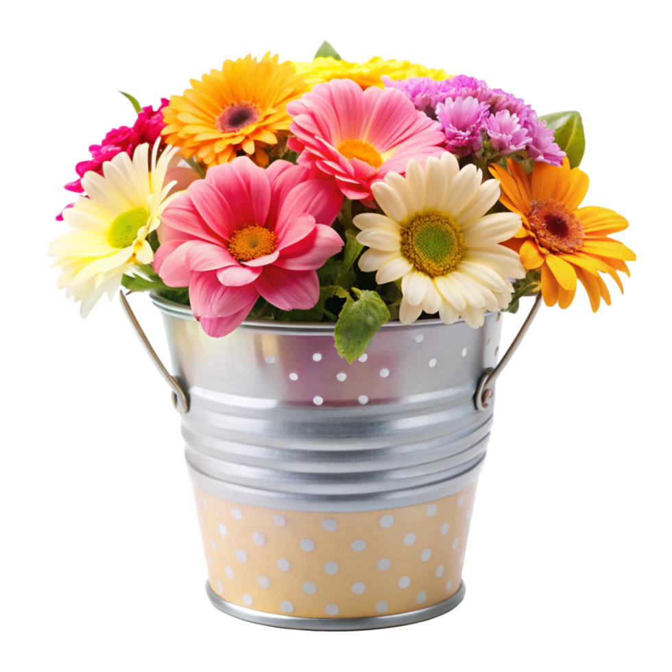 Vibrant Gerbera Daisies and Chrysanthemums in a Polka Dotted Metal Bucket png