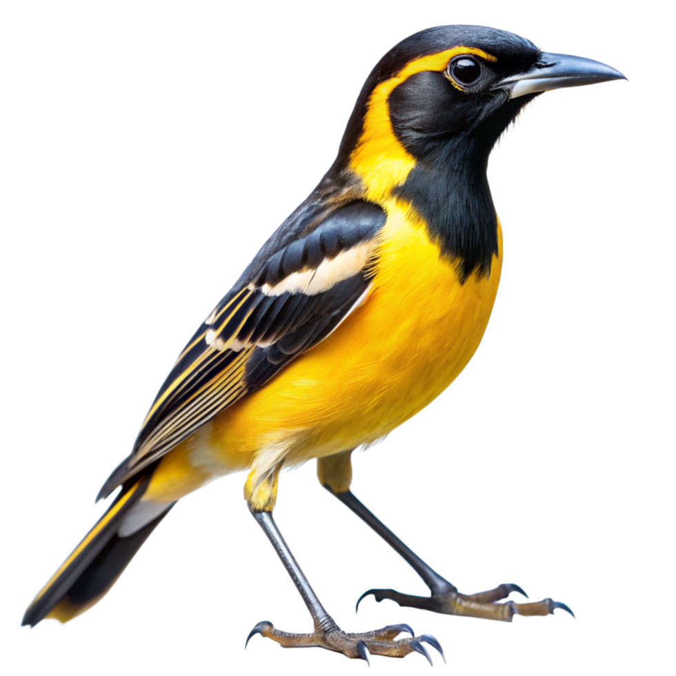Closeup of a vibrant yellow and black bird on a black background png