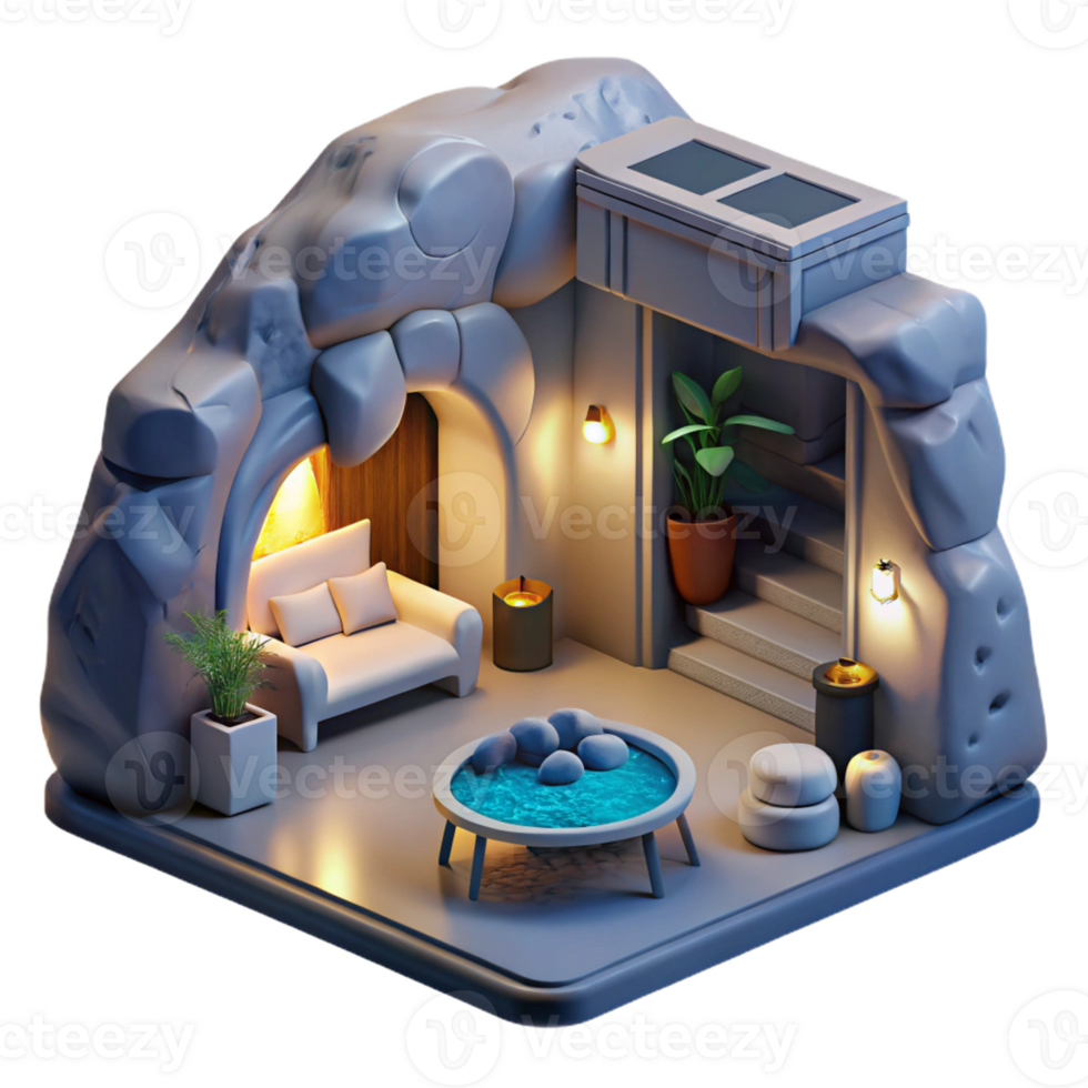 extraordinary minimalist Subterranean dwelling, soft artificial lighting, carved rock walls, futuristic furniture, minimalist aesthetic, sense of seclusion 4K png