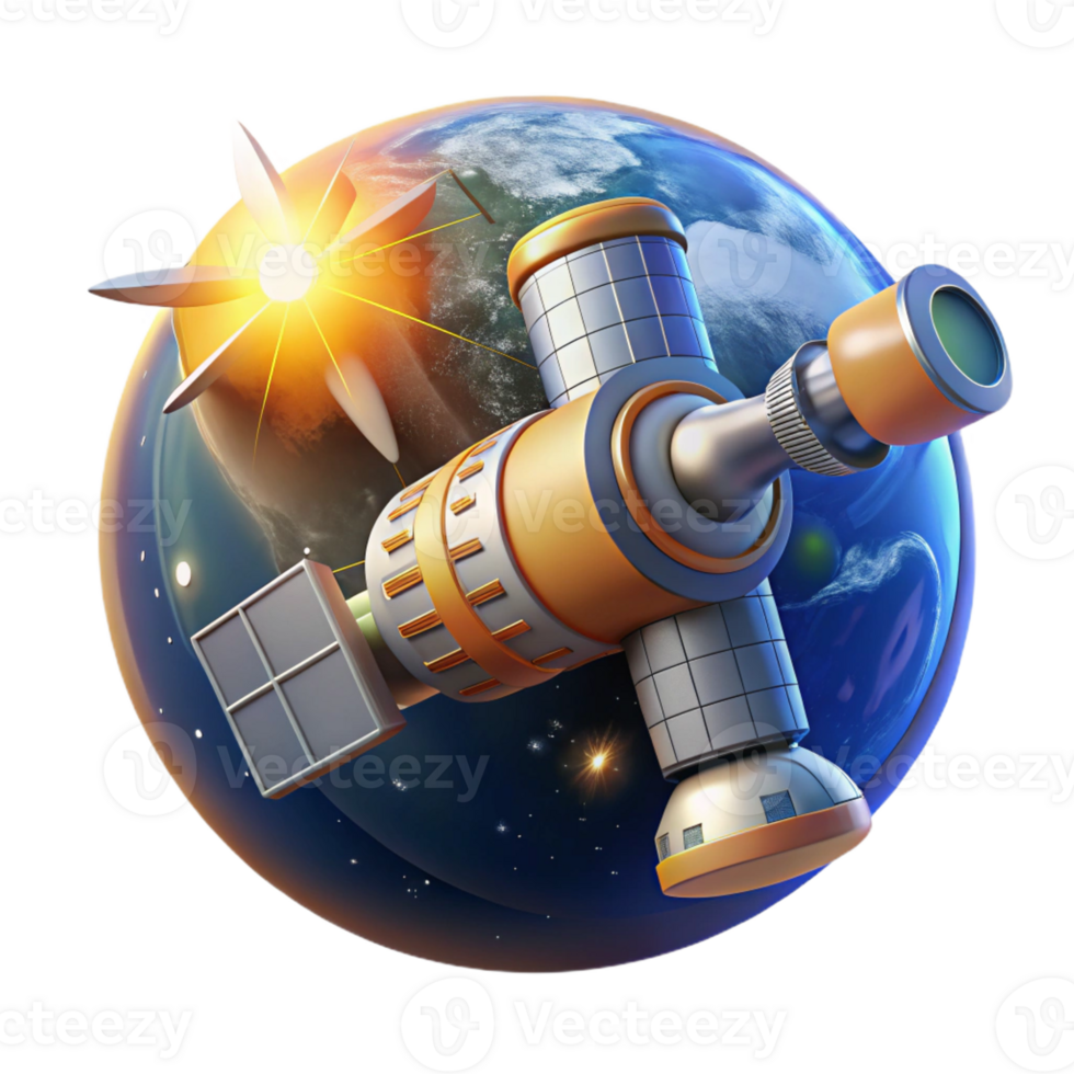 impressive creative Space station orbiting Earth, bright sunlight and starry backdrop, futuristic design, modular components, sense of exploration professional png