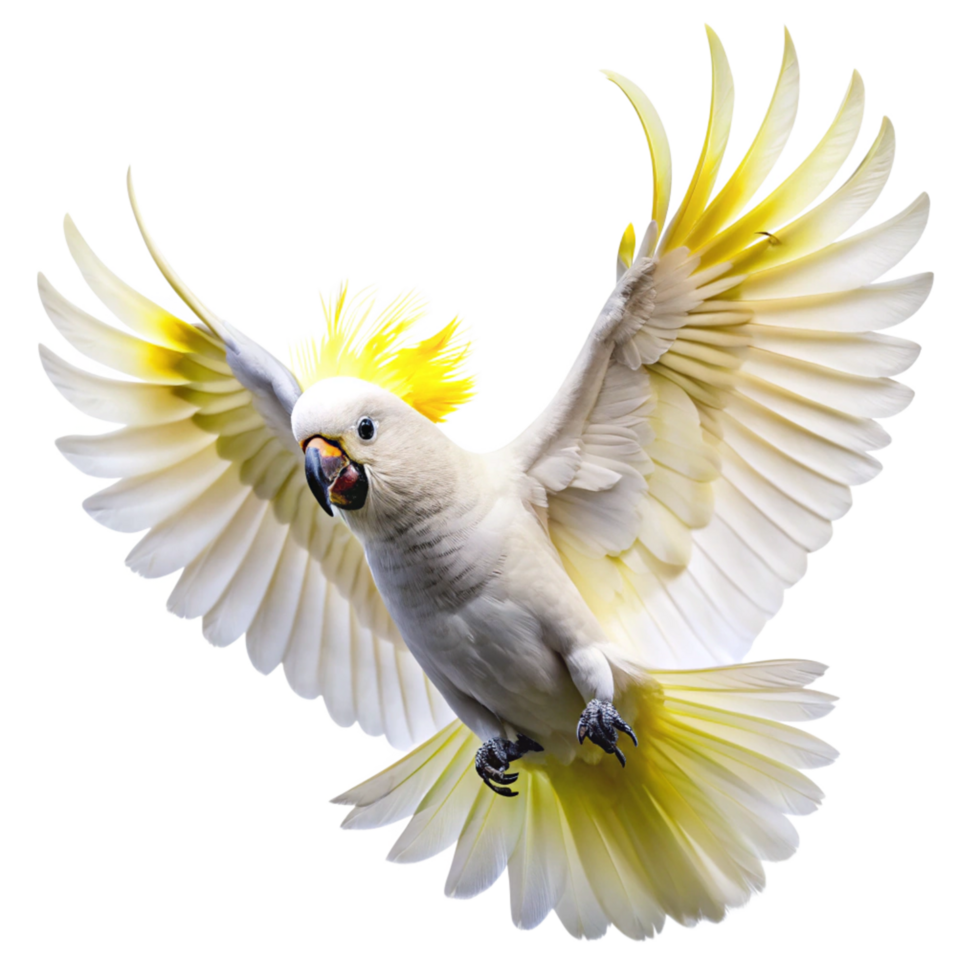 Stunning Sulphurcrested Cockatoo in Flight Wings Spread Wide Bright Yellow Crest png