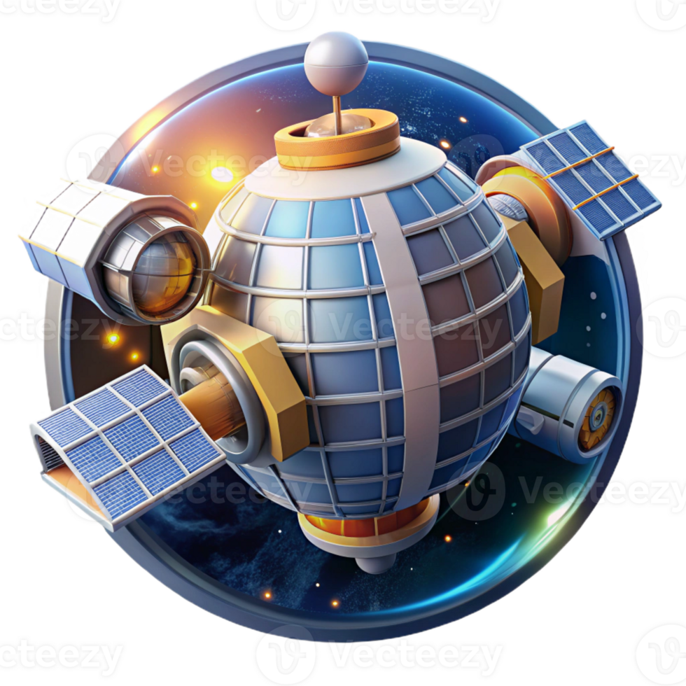 vibrant abstract Space station orbiting Earth, bright sunlight and starry backdrop, futuristic design, modular components, sense of exploration high resolution png
