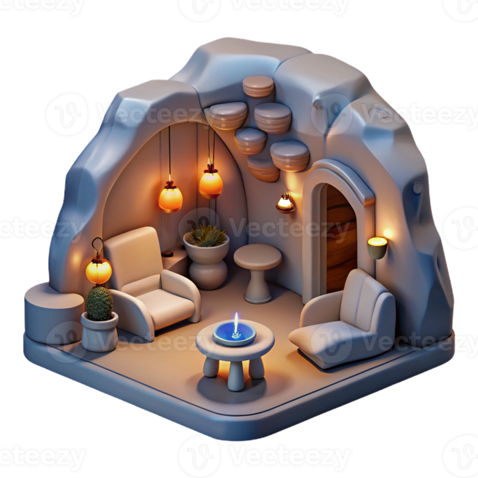 magnificent classic Subterranean dwelling, soft artificial lighting, carved rock walls, futuristic furniture, minimalist aesthetic, sense of seclusion premium png