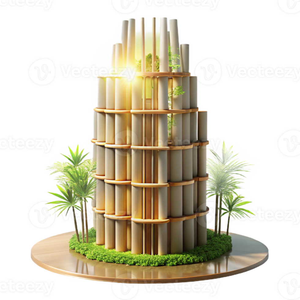 magnificent modern Bamboo skyscraper, dappled sunlight filtering through the structure, sustainable design, integrated greenery, sense of harmony professional png