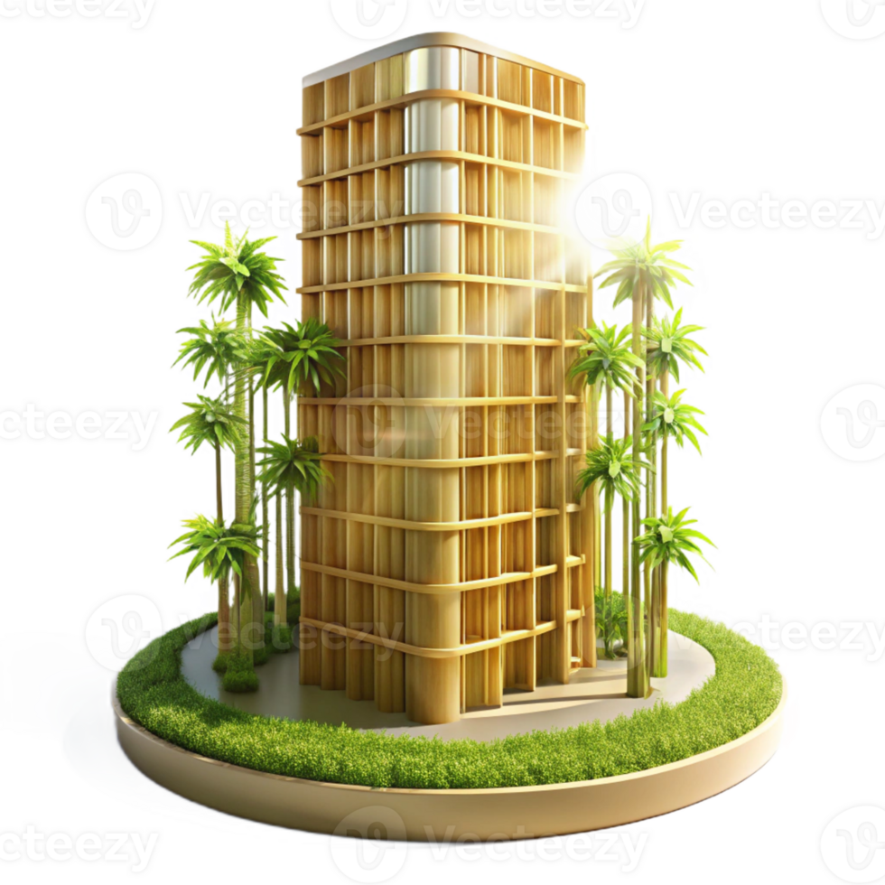 beautiful contemporary Bamboo skyscraper, dappled sunlight filtering through the structure, sustainable design, integrated greenery, sense of harmony exclusive png