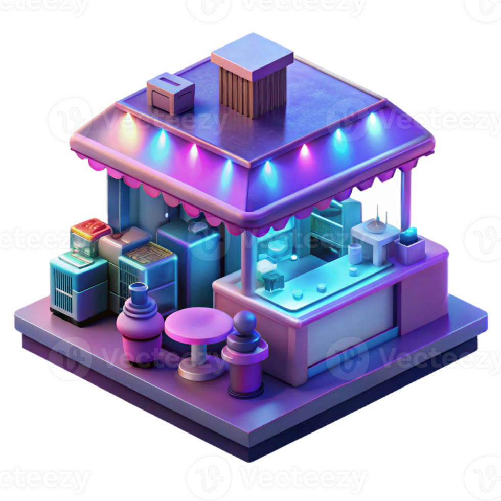 elegant artistic Cyberpunk street market, neon lights illuminating bustling stalls, holographic signage, futuristic architecture, gritty atmosphere detailed png