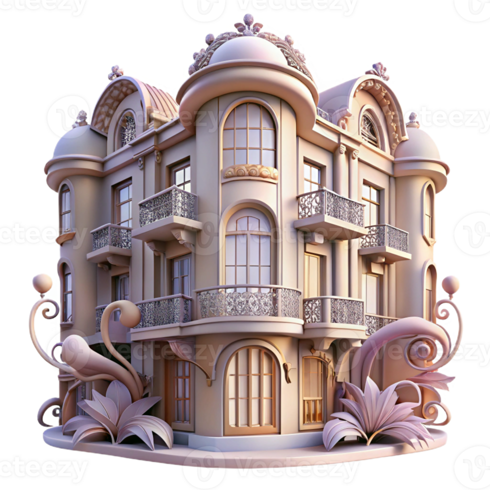 wonderful rustic Art Nouveau apartment building, soft, diffused light, flowing lines, floral motifs, ornate ironwork, elegant atmosphere exclusive png