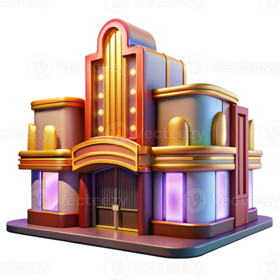 dramatic modern An Art Deco cinema, vibrant neon signs casting a warm glow on the chrome facade, bustling with stylized figures in 1920s attire, rendered in a vintage poster style genuine png
