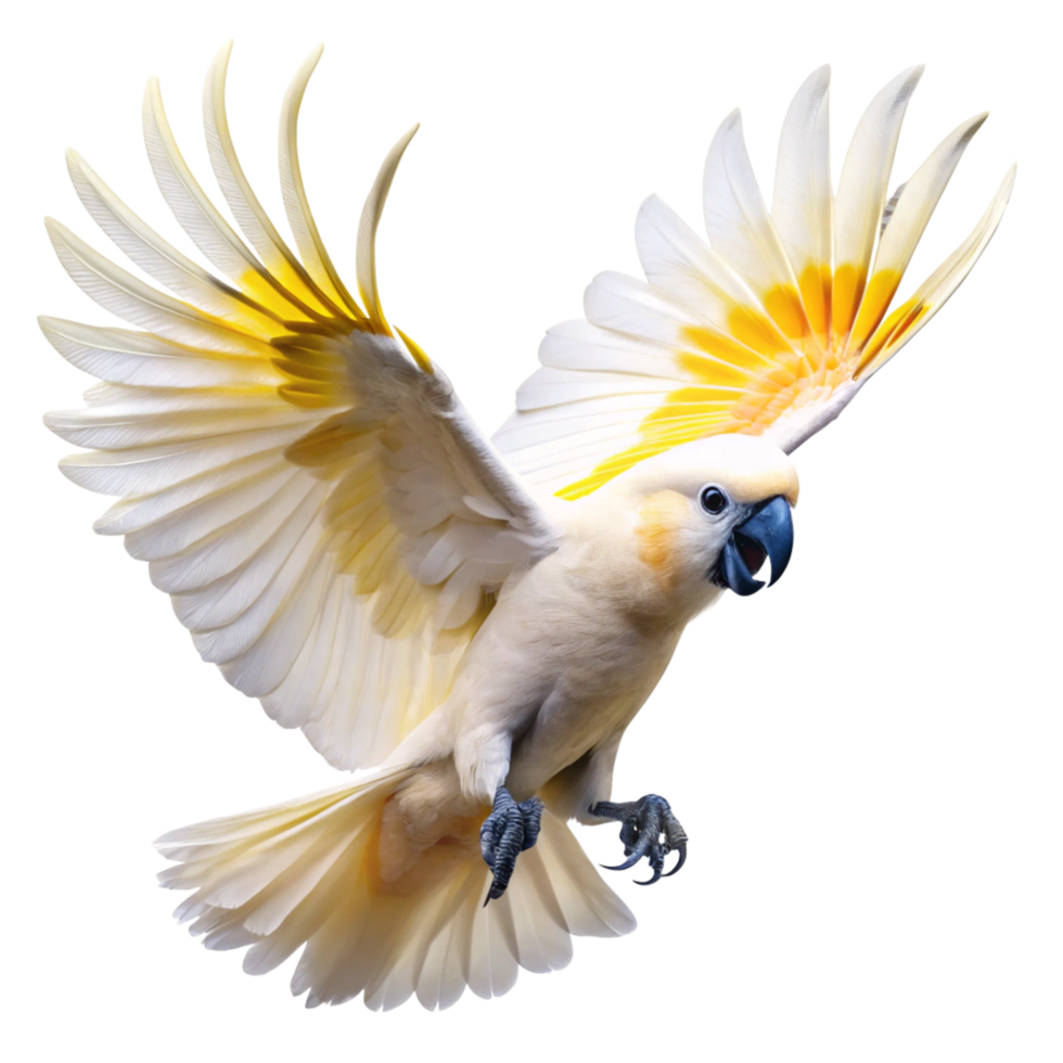 Majestic SulphurCrested Cockatoo in Flight Wings Spread Wide Showing Yellow Crest and White Feathers png
