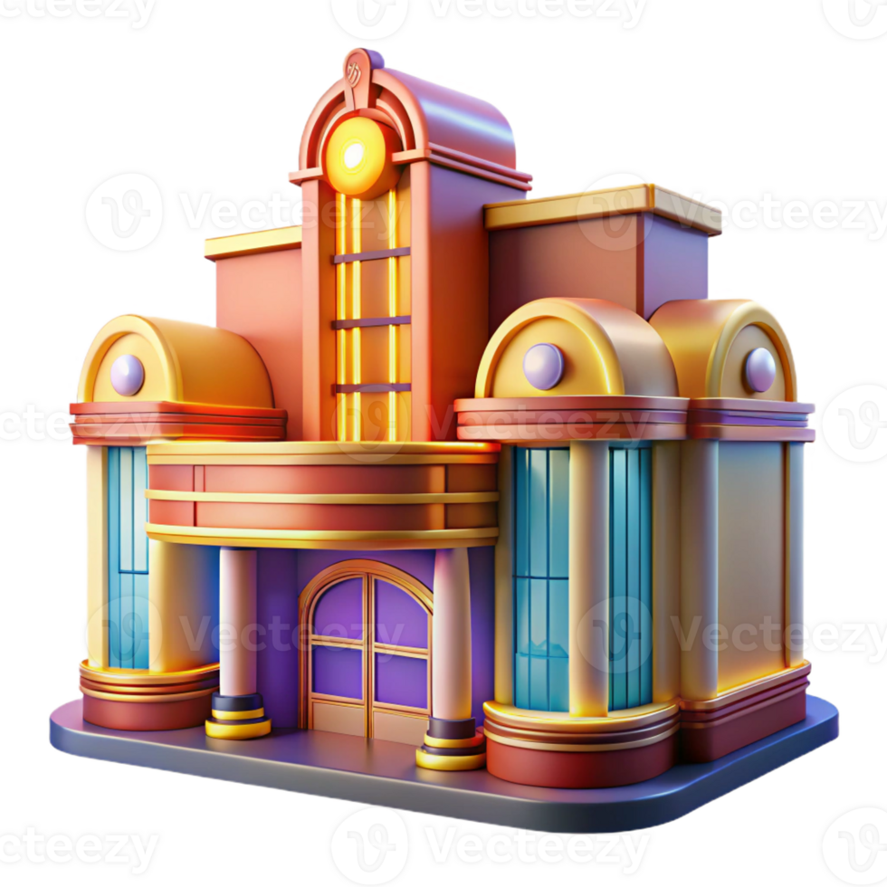 magnificent modern An Art Deco cinema, vibrant neon signs casting a warm glow on the chrome facade, bustling with stylized figures in 1920s attire, rendered in a vintage poster style 4K png