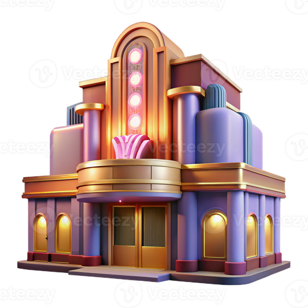 dramatic contemporary An Art Deco cinema, vibrant neon signs casting a warm glow on the chrome facade, bustling with stylized figures in 1920s attire, rendered in a vintage poster style detailed png