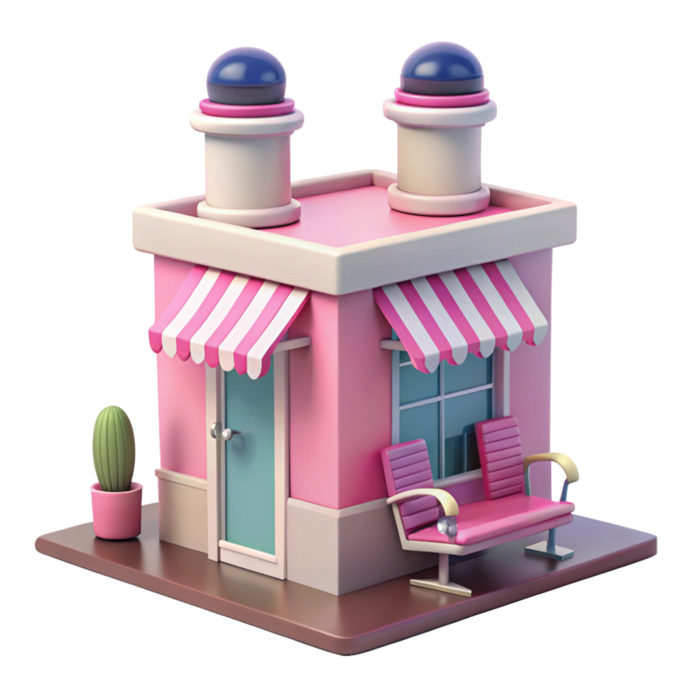 Adorable Pink 3D Rendered Shop Building with Cactus and Seating png