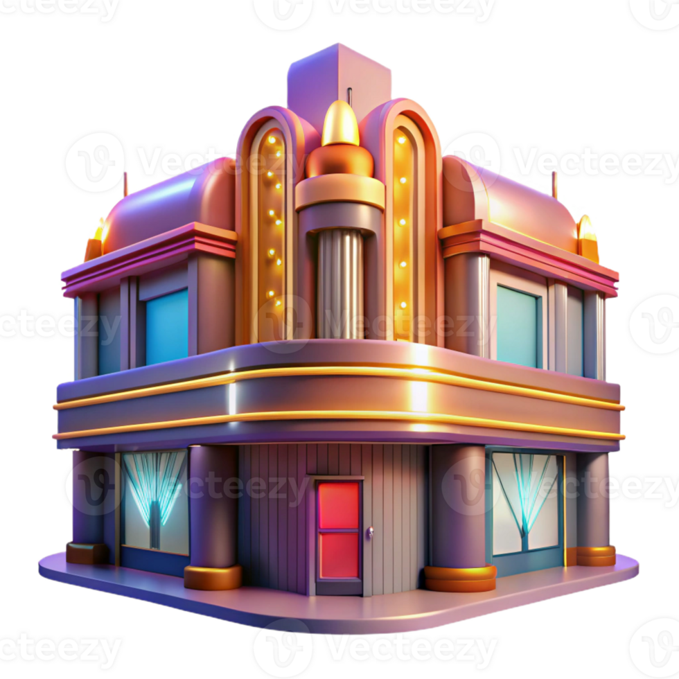 beautiful contemporary An Art Deco cinema, vibrant neon signs casting a warm glow on the chrome facade, bustling with stylized figures in 1920s attire, rendered in a vintage poster style original png