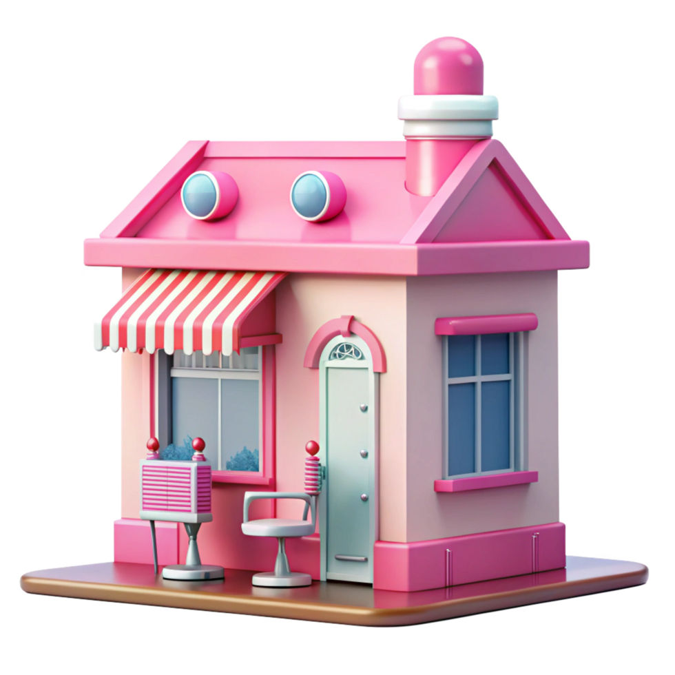 Adorable Pink 3D Render of a Small House Hair Salon with Striped Awning png
