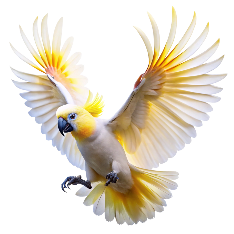 Stunning YellowCrested Cockatoo in Flight with Wings Spread Wide png
