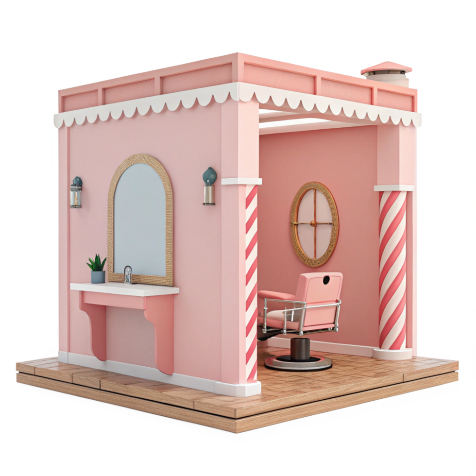 Adorable Pink Miniature Barbershop Styling Station with Candy Cane Columns png