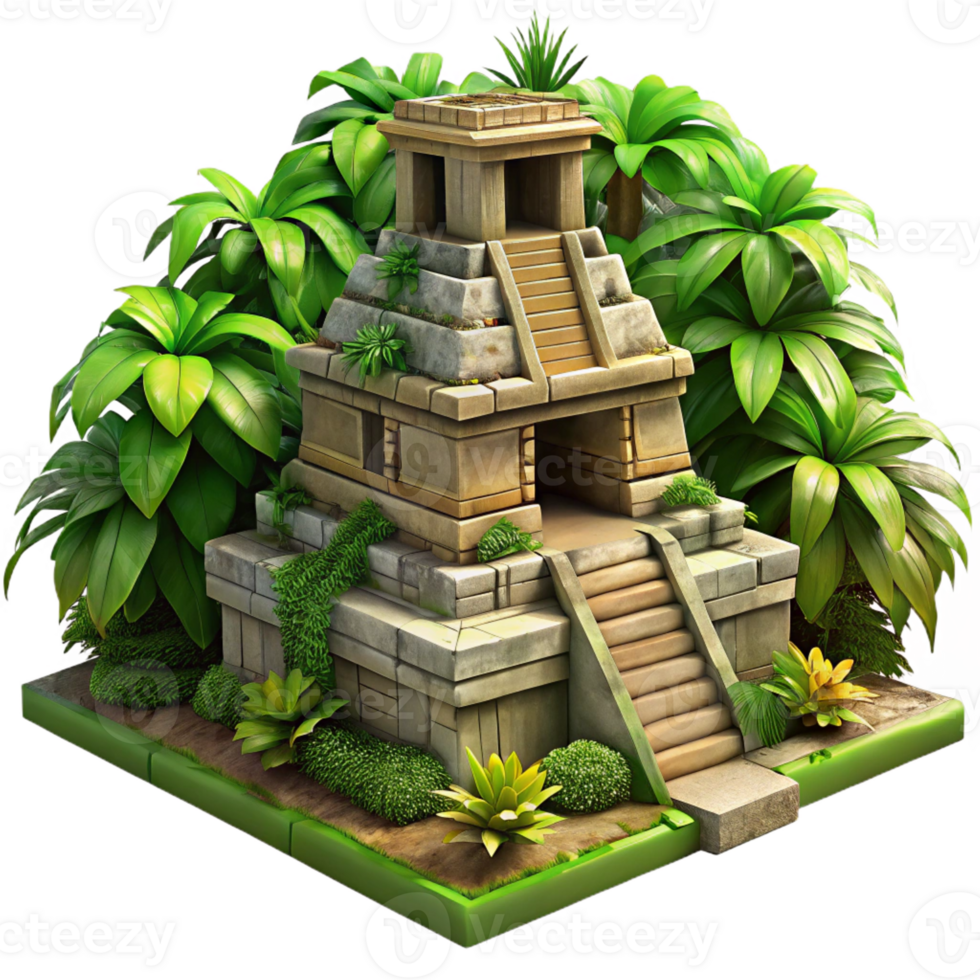 elegant vintage A crumbling Mayan temple overgrown with lush jungle vegetation, dappled sunlight piercing through the canopy, rendered in a photorealistic, hyperdetailed style exclusive png