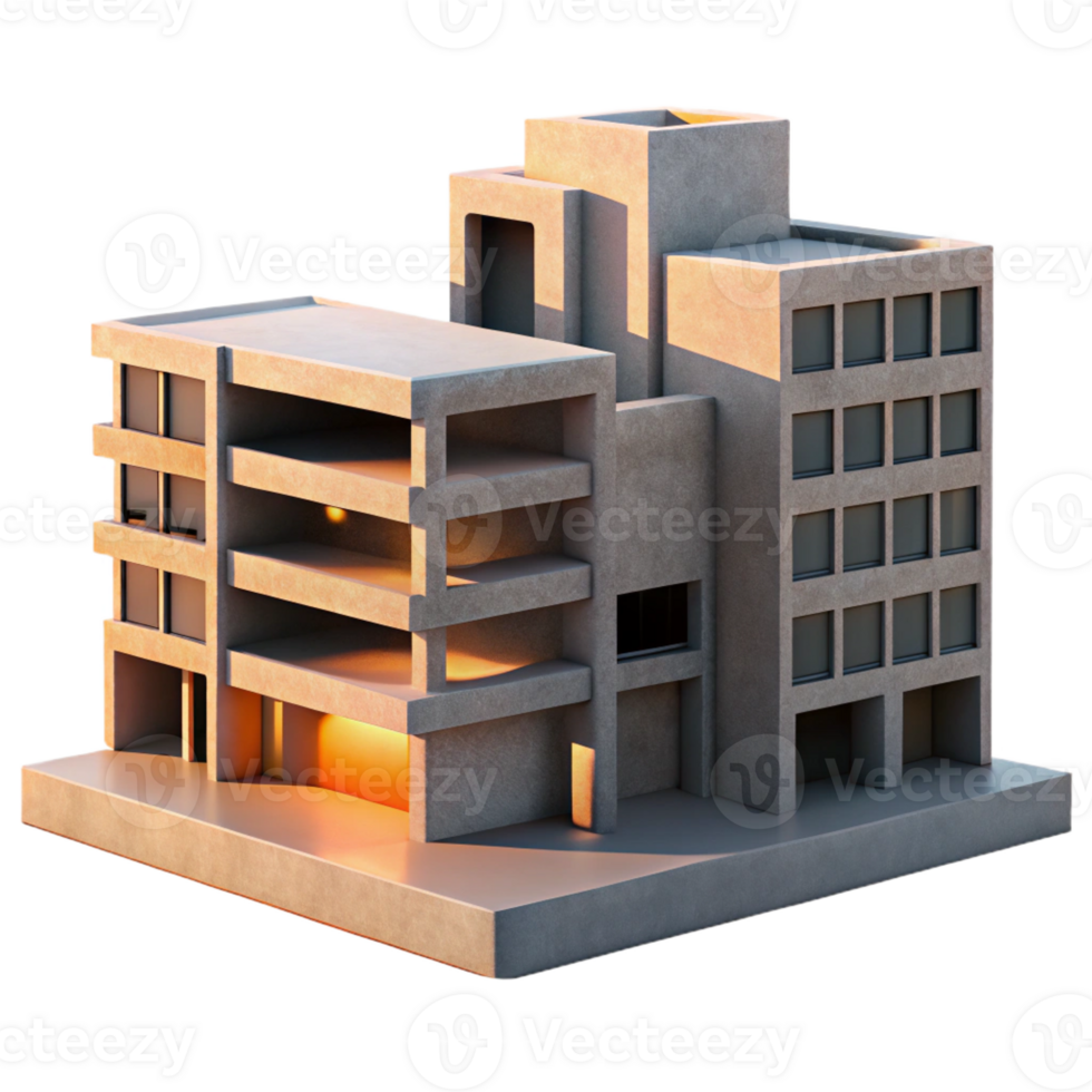 vibrant vintage A Brutalist concrete apartment complex, harsh shadows cast by the setting sun, rendered in a stark, minimalist style authentic png