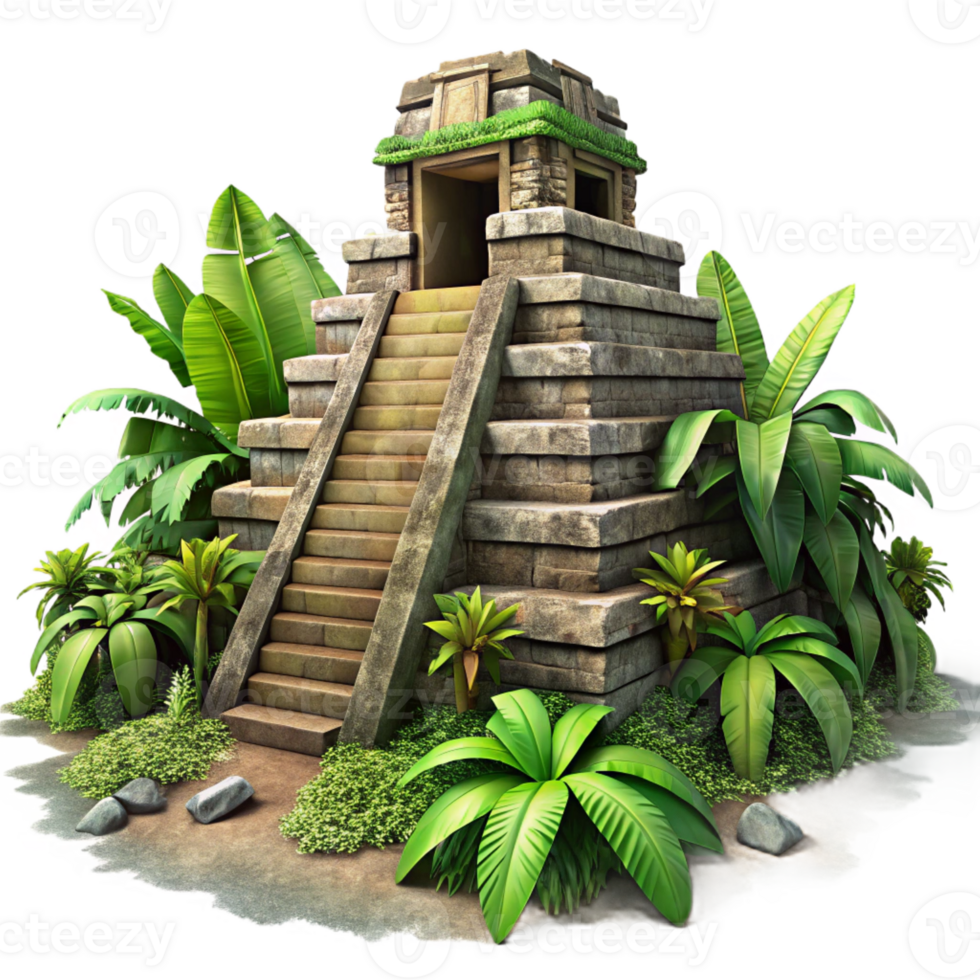 dramatic abstract A crumbling Mayan temple overgrown with lush jungle vegetation, dappled sunlight piercing through the canopy, rendered in a photorealistic, hyperdetailed style 4K png