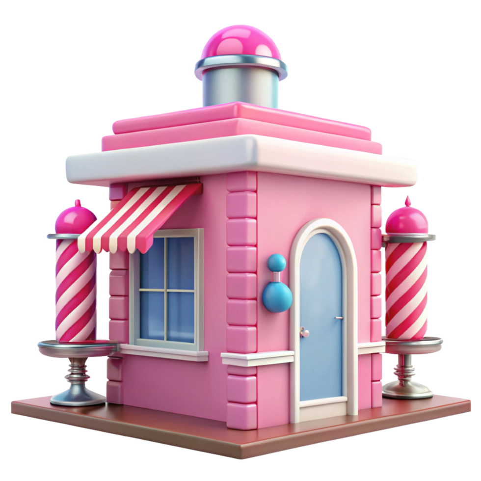 Adorable Pink Cartoon Barbershop Building with Striped Poles and Awning png