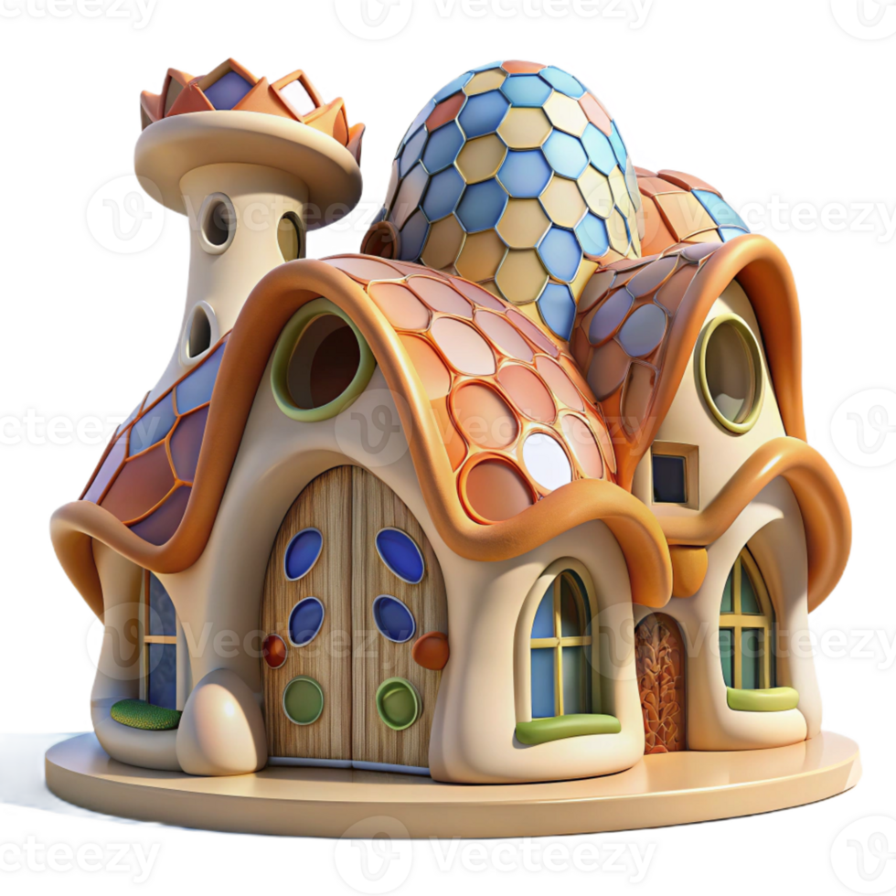 extraordinary classic A Gaudi-inspired house with undulating, organic forms, vibrant mosaic tiles shimmering in the midday sun, rendered in a whimsical, dreamlike style high quality png