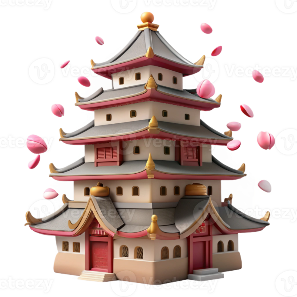 extraordinary classic A traditional Japanese castle with multiple tiered roofs, cherry blossoms falling around it, soft, diffused light, rendered in a serene, Ukiyo-e style exclusive png