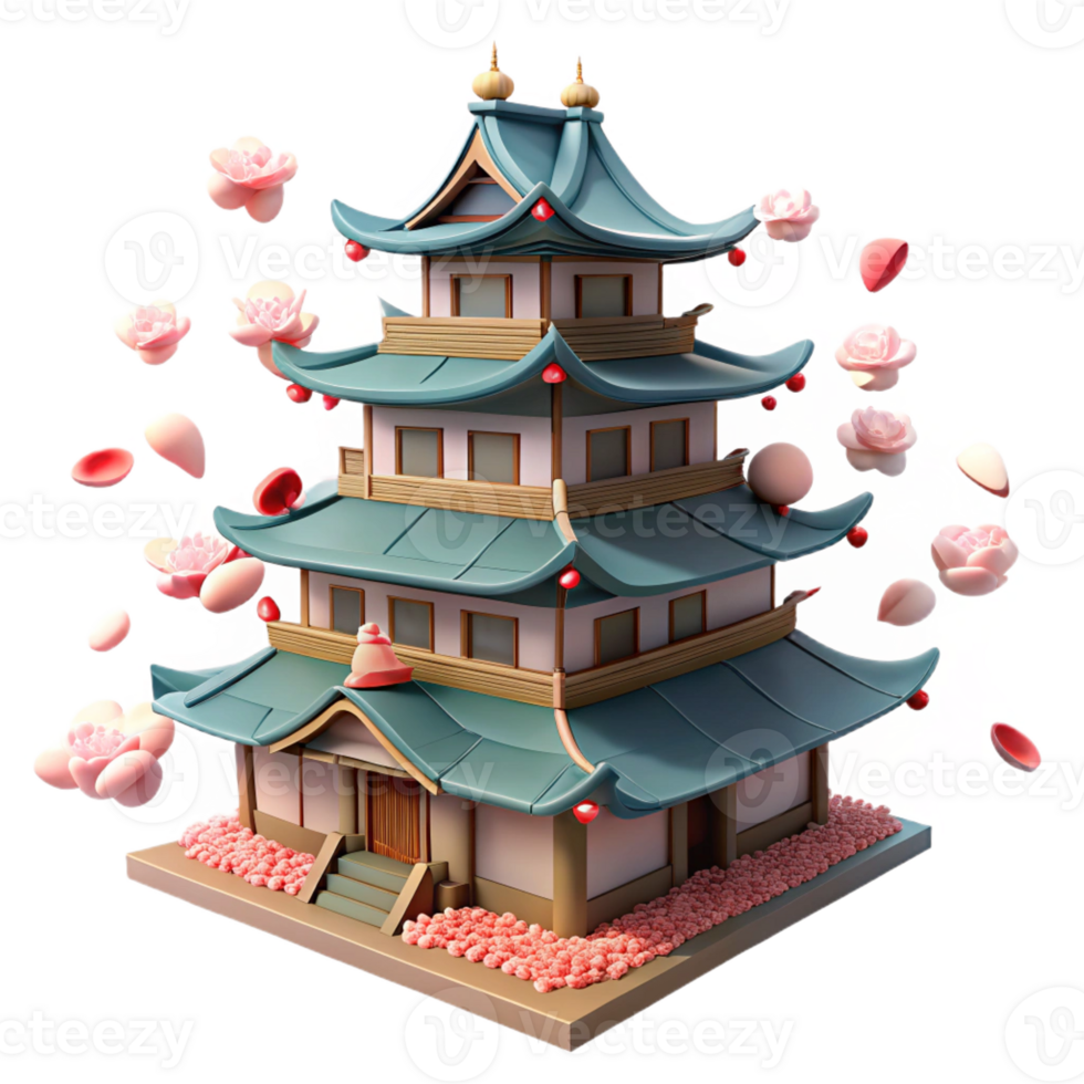 dramatic contemporary A traditional Japanese castle with multiple tiered roofs, cherry blossoms falling around it, soft, diffused light, rendered in a serene, Ukiyo-e style professional png