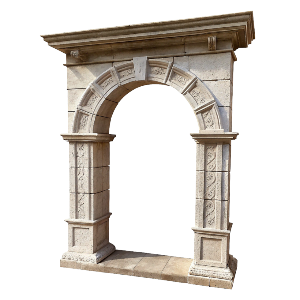 Elegant Stone Archway Entrance with Intricate Carvings and Decorative Pillars png