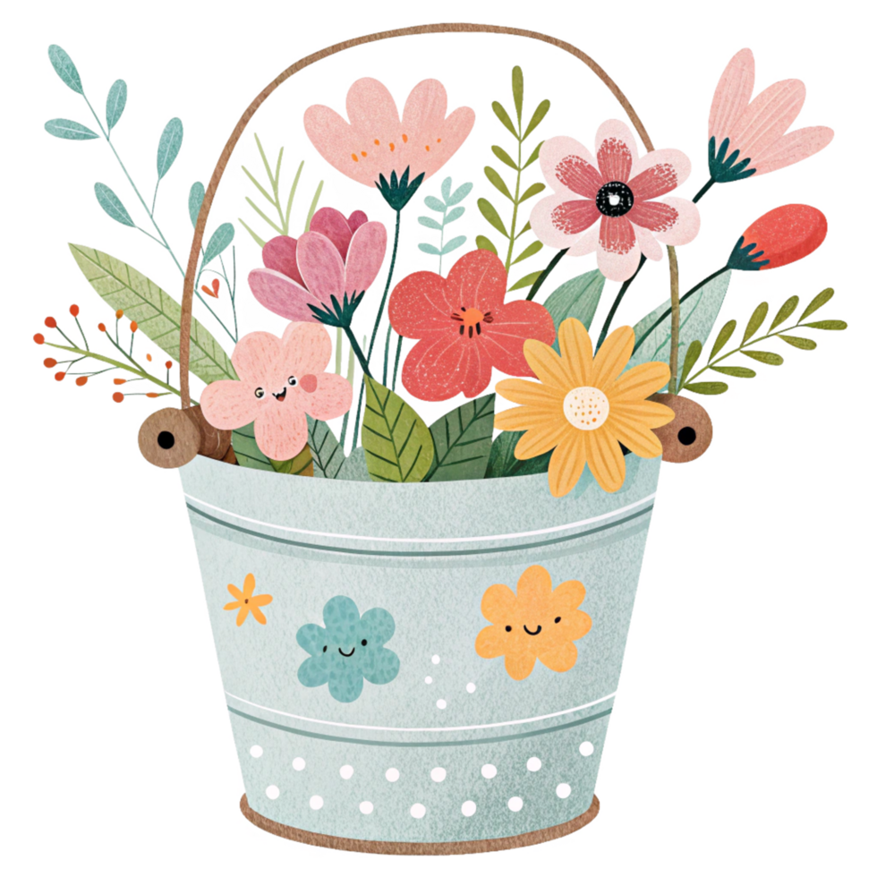 Adorable illustration of a metal bucket overflowing with a delightful bouquet of colorful flowers and greenery png