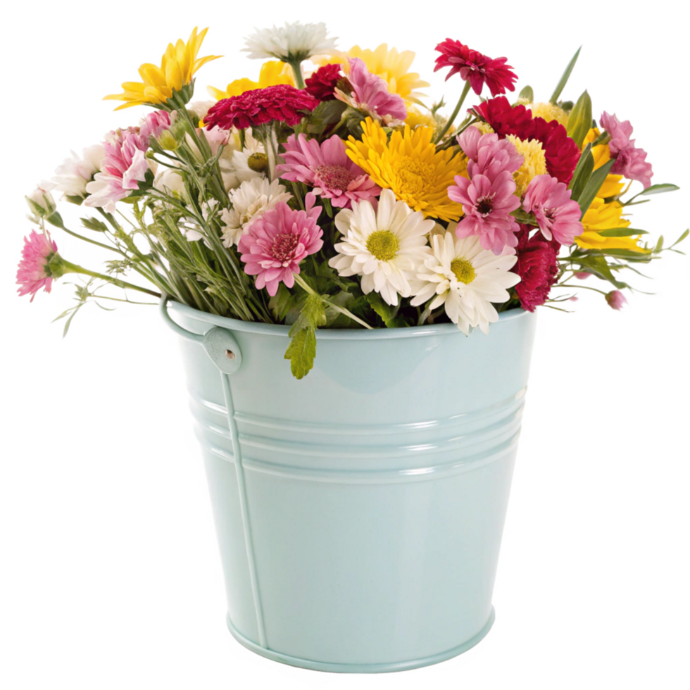 Vibrant Mixed Flower Bouquet in a Light Blue Metal Bucket png
