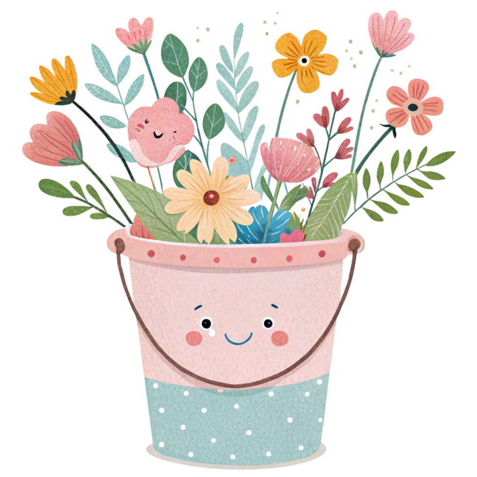 Adorable cartoon bucket overflowing with a delightful array of colorful flowers and leaves png