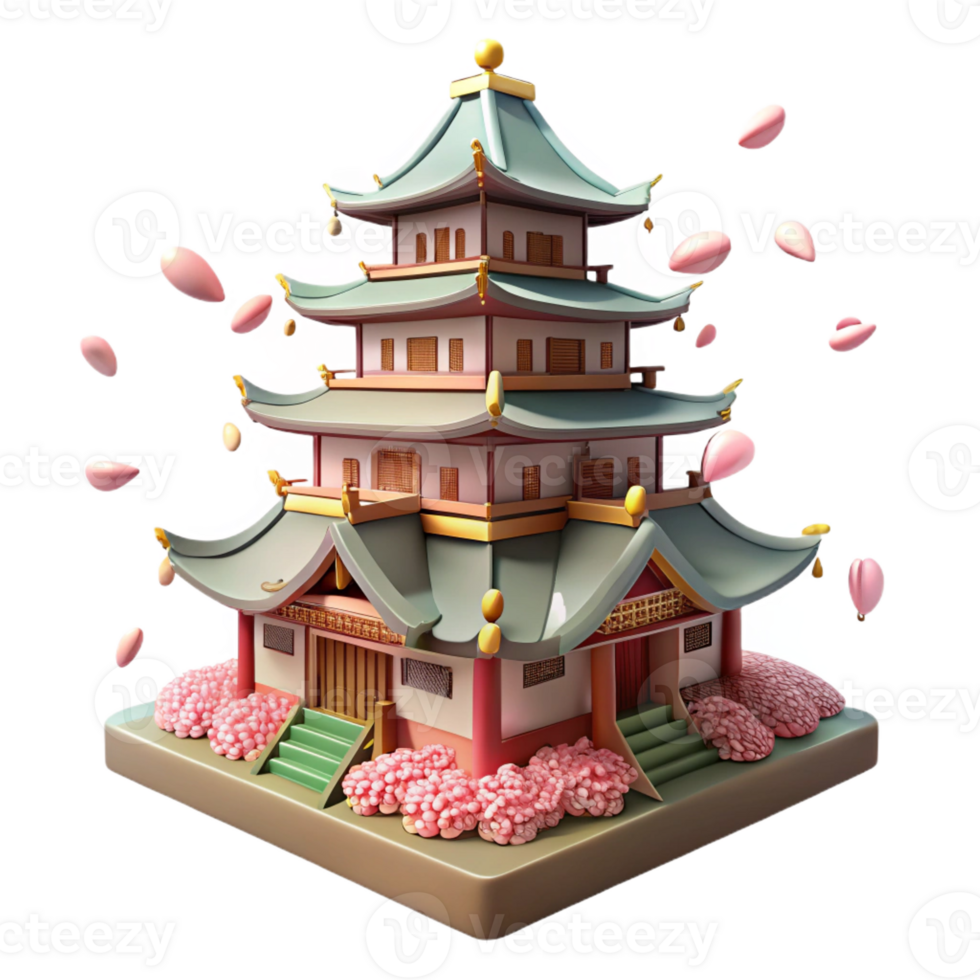 wonderful rustic A traditional Japanese castle with multiple tiered roofs, cherry blossoms falling around it, soft, diffused light, rendered in a serene, Ukiyo-e style exclusive png
