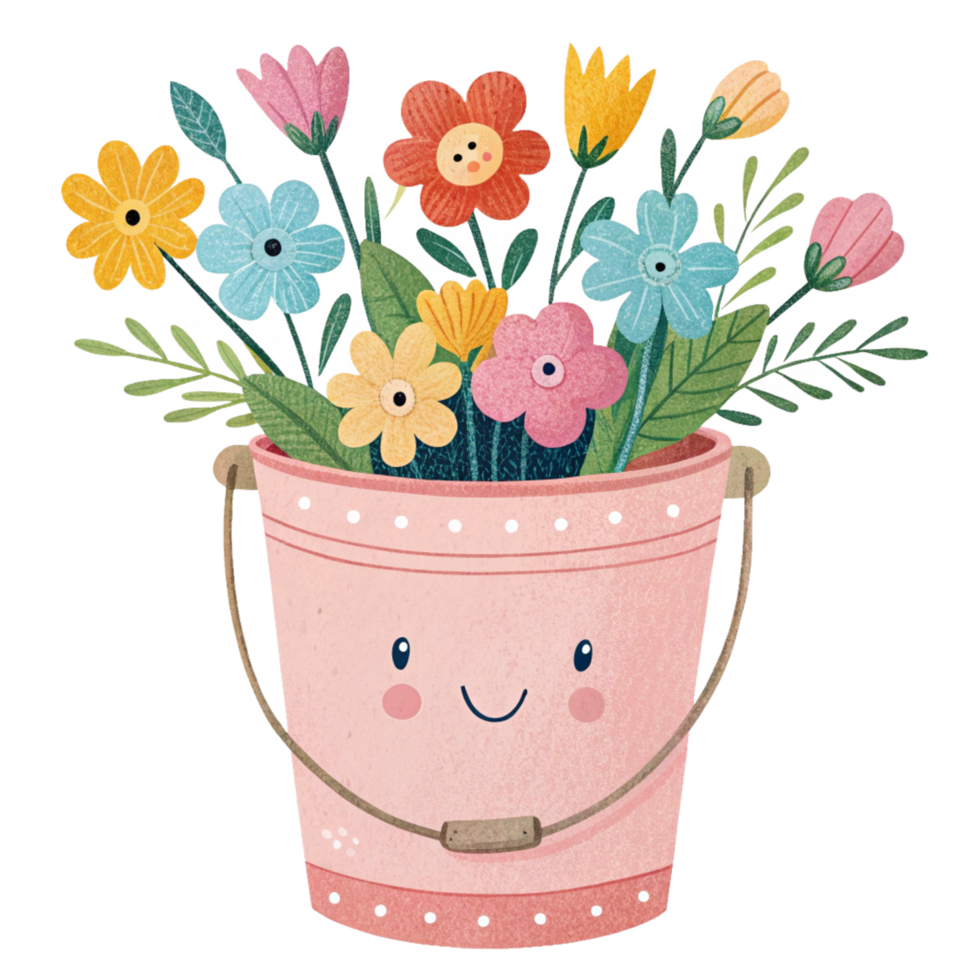 Adorable Pink Bucket Filled with a Delightful Bouquet of Colorful Flowers png