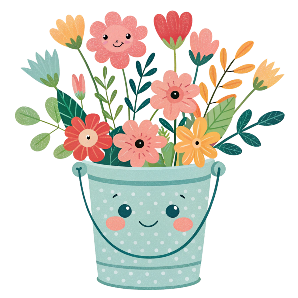 Cute Cartoon Bucket Filled with a Delightful Bouquet of Colorful Flowers png