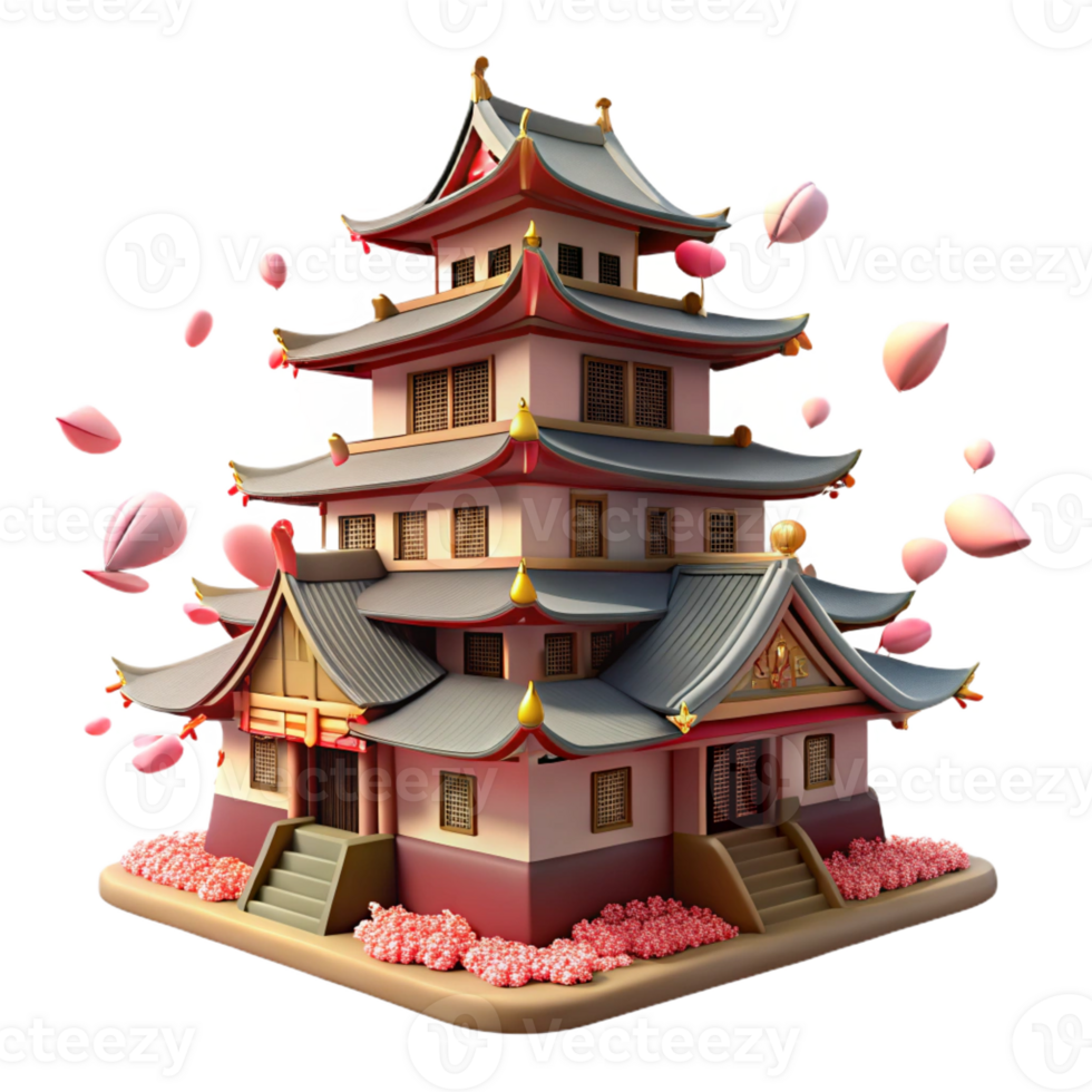 wonderful traditional A traditional Japanese castle with multiple tiered roofs, cherry blossoms falling around it, soft, diffused light, rendered in a serene, Ukiyo-e style high quality png