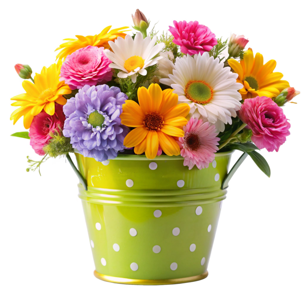 Vibrant Spring Bouquet of Flowers in a Green Polka Dotted Bucket png